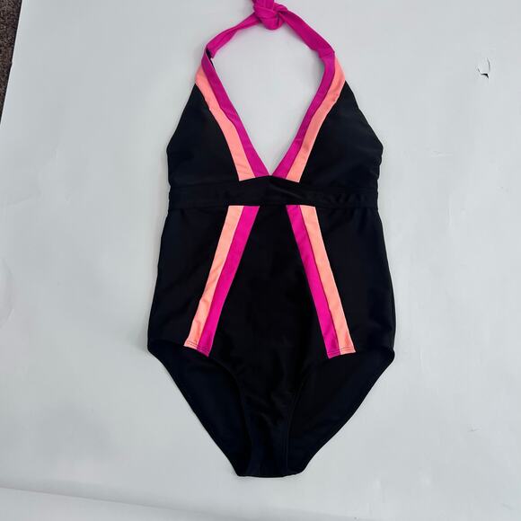 CROMER RESORTWEAR WOMENS ONE PIECE SWIMSUIT VNECK HALTER SZ 10 BLACK PEACH PINK - Picture 6 of 11
